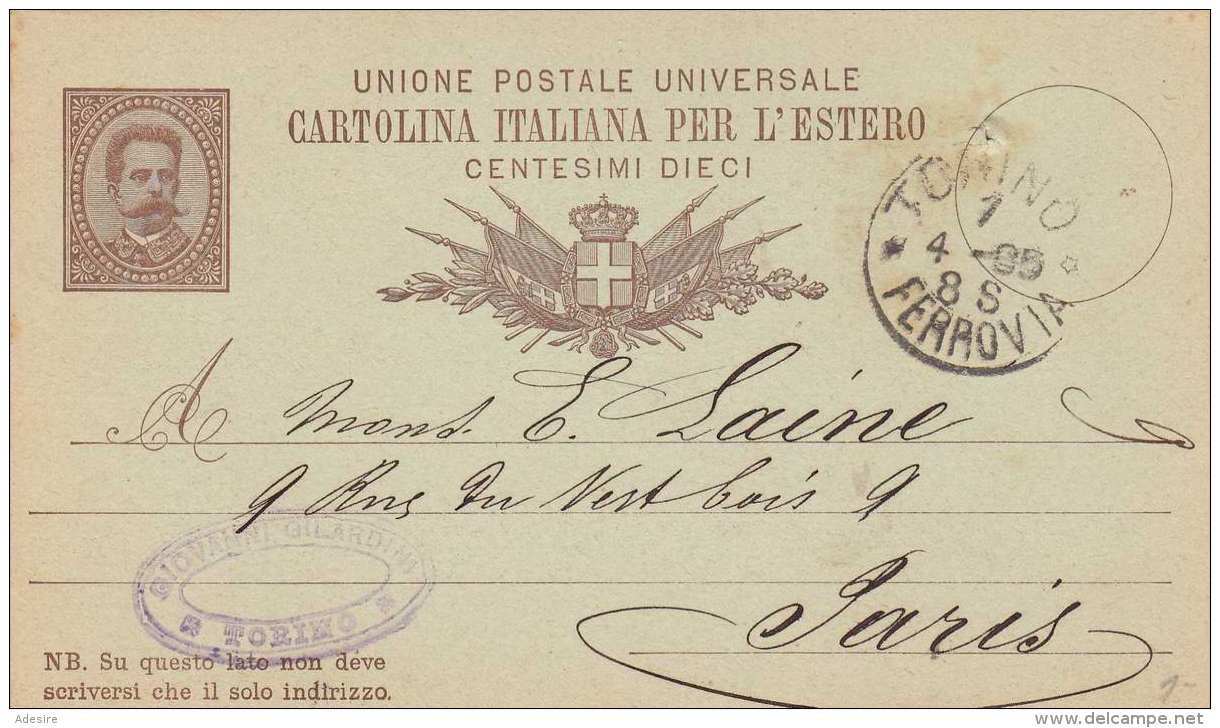 ITALIEN 1885 - ? Ganzsache Auf Pk Gel.v.Torino Nach Paris, Karte Mit Stecknadelloch - Interi Postali