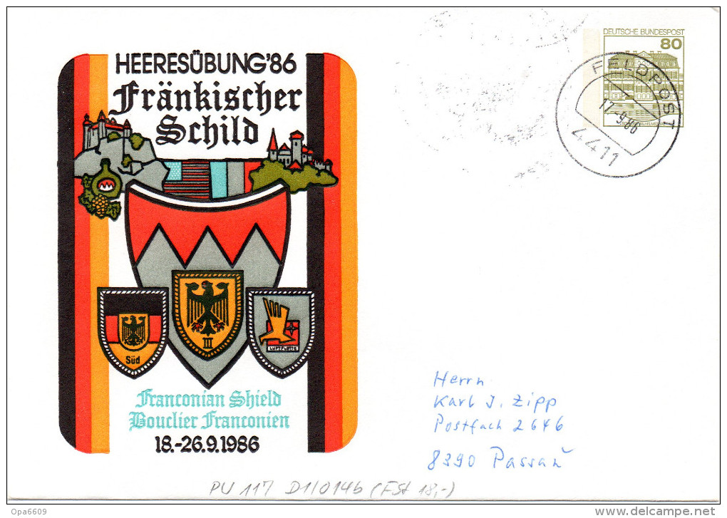 BRD Privatganzsachenumschlag Bundeswehr "HEERESÜBUNG ´86 Fränkisches Schild", FELDPOST 4411, 17.9.86 - Buste Private - Usati