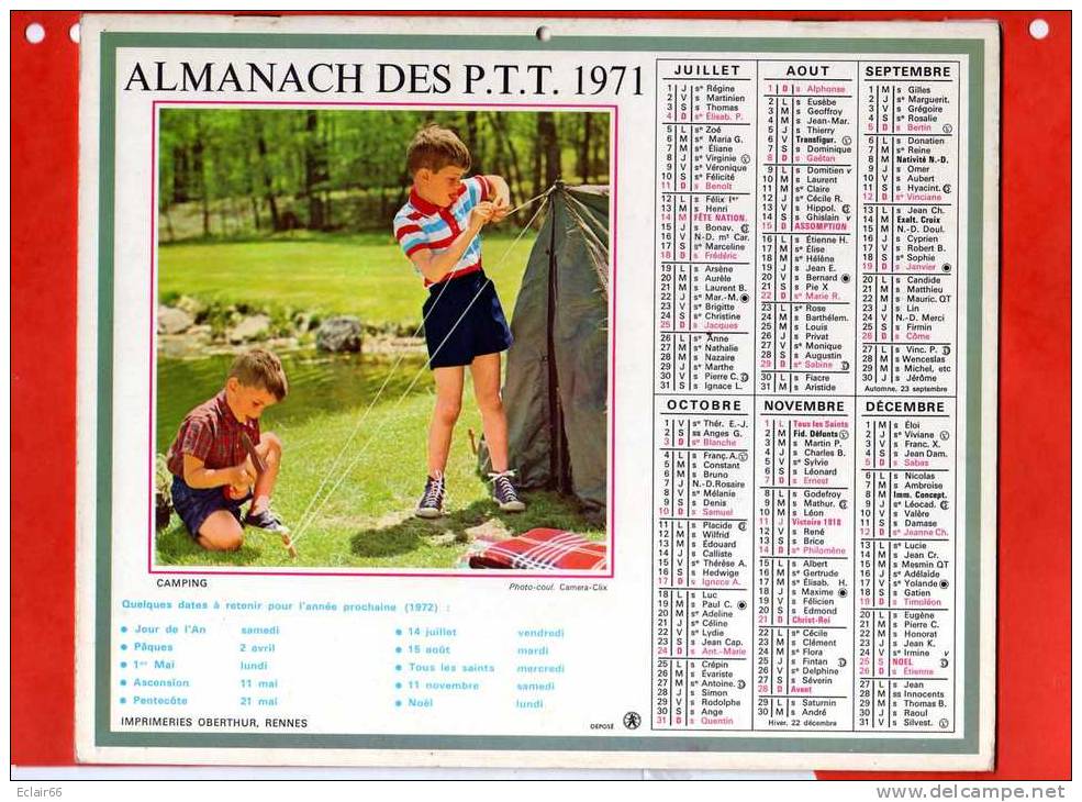 CALENDRIERS ALMANACH DES P.T.T Dépt SOMME ANNEE DE VOTRE NAISSANCE 1971. 2 PHOTOS. INTERIEUR 6 PAGES COMPLET - Grossformat : 1971-80