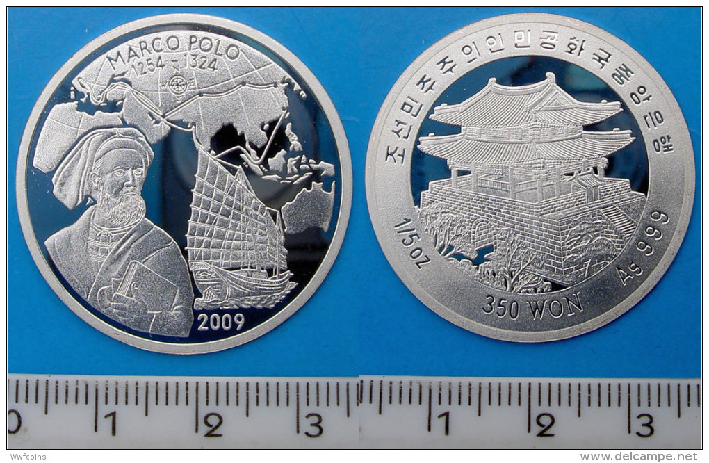 KOREA 350 W 2009 ARGENTO PROOF SILVER VERY RARE MARCO POLO DESCOVERY PESO 15 OZ TITOLO 0,999 CONSERVAZIONE FONDO SPECCHI - Corea Del Sud