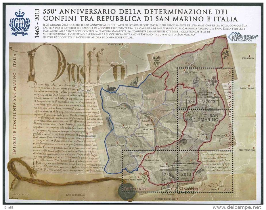 2013 San Marino, Anniversario Determinazione Confini, Congiunta Con L'Italia, Serie Completa Usata Annullo Primo Giorno - Blocs-feuillets