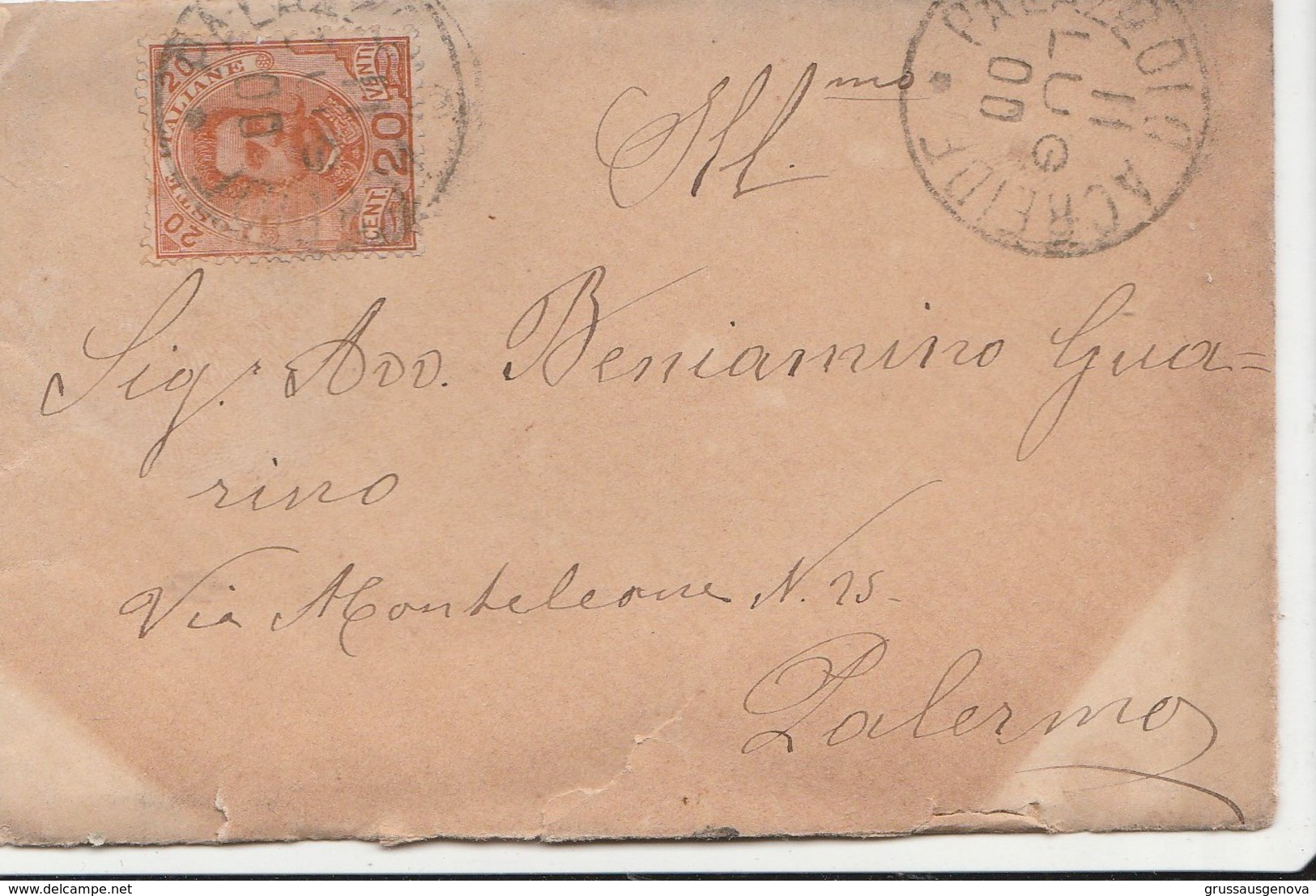 DOC2) 20 CENTESIMI ARANCIO EFFIGE UMBERTO I 1891-96 ISOLATO SU BUSTA VIAGGIATA 1900 - Storia Postale