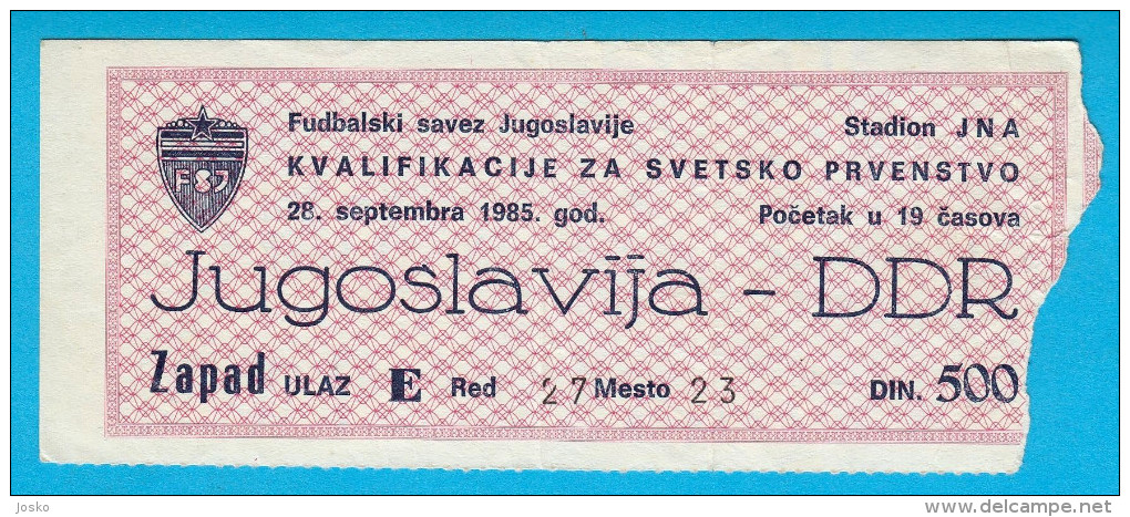 YUGOSLAVIIA V EAST GERMANY (DDR) - 1986 FIFA WORLD CUP Qualif. Football Match Ticket Soccer Billet Fussball Deutschland - Eintrittskarten