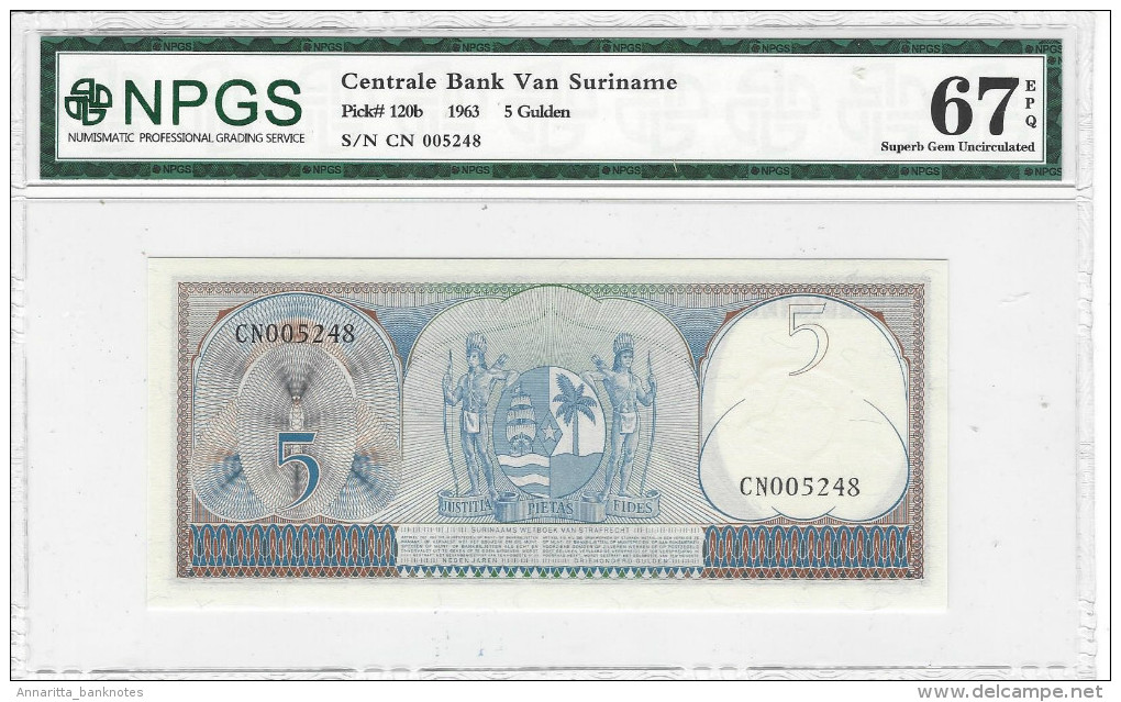 SURINAME 5 GULDEN 1963 P-120b NPGS S GEM UNC 67 EPQ S/N CN005248 [ SR506bNPGS ] - Suriname