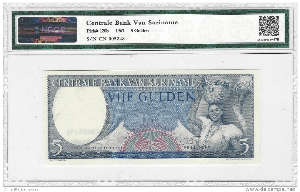 SURINAME 5 GULDEN 1963 P-120b NPGS S GEM UNC 67 EPQ S/N CN005248 [ SR506bNPGS ] - Suriname