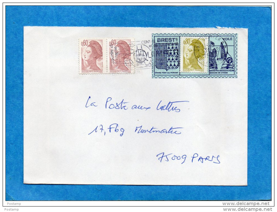 Lettre-avec Vignette Porte Timbre--BREST-- Oblit Flamme-Grand Prix Multi Coques-voile- A Voyagé 1984 - Briefe U. Dokumente