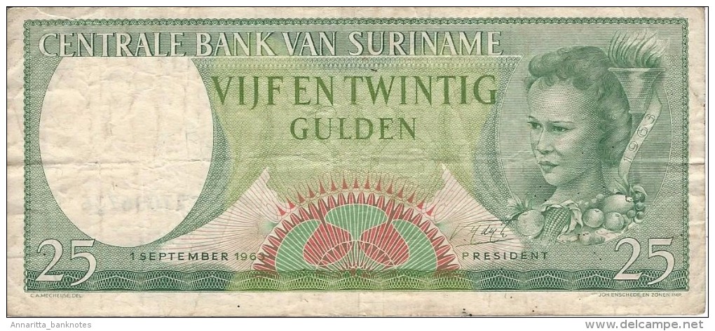 SURINAME 25 GULDEN 1963 P-122b VF  LARGE S/N RT006736 [SR508b] - Suriname