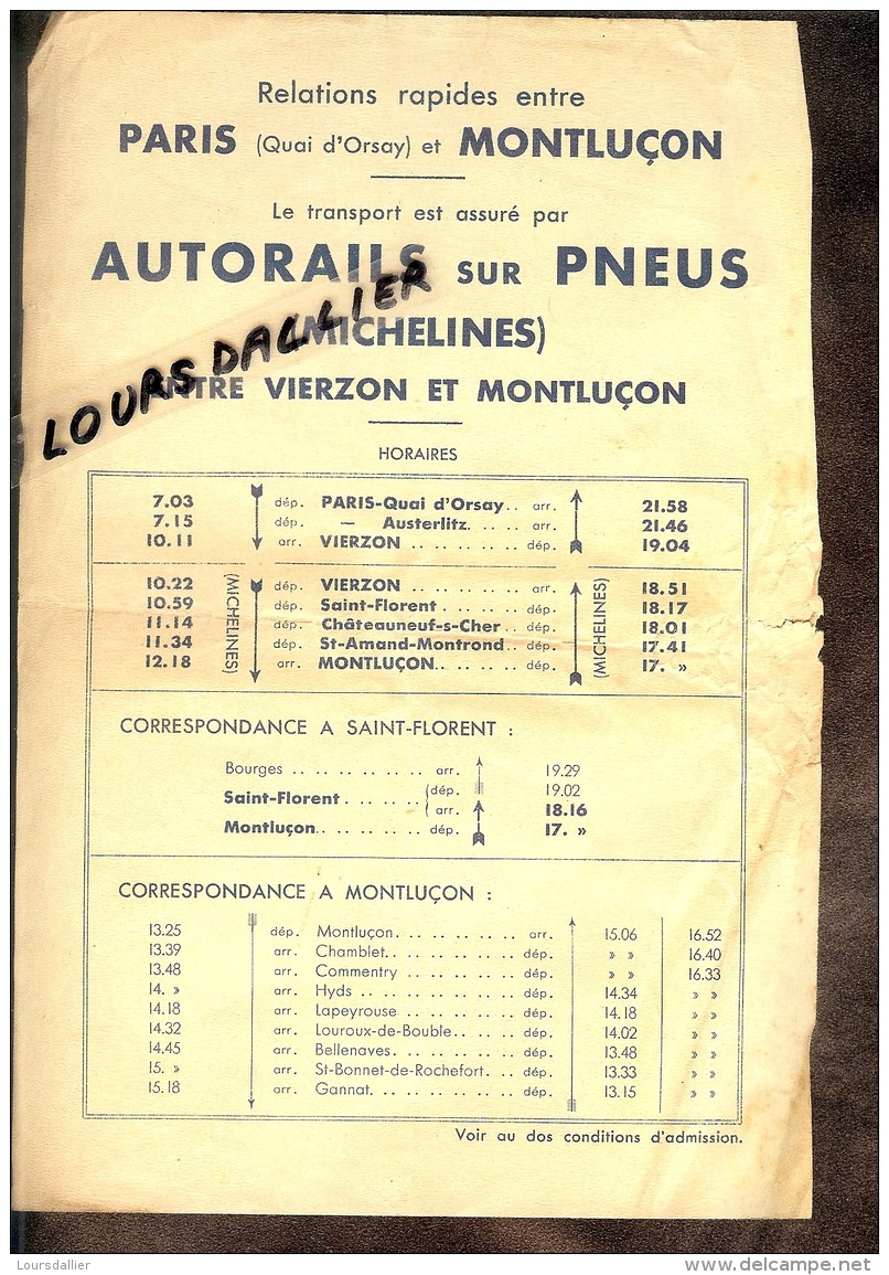 AUTORAILS SUR PNEUS MICHELINES Entre PARIS Et MONTLUCON  VIERZON Et MONTLUCON Horaires - Transports