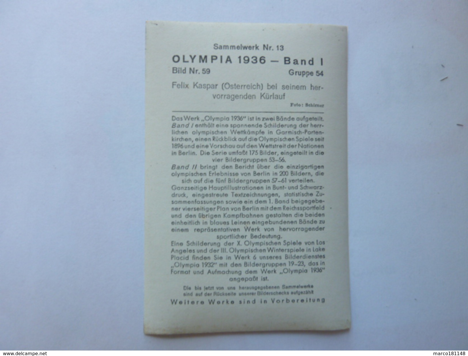 OLYMPIA 1936 - Band 1 - Bild Nr 59 Gruppe 54 - Felix Kaspar Autriche - Sport