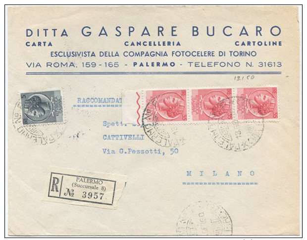 1960 SIRACUSANA L. 5 + 35 STRISCIA 3 BUSTA RACC. 13.1.60 TIMBRO ARRIVO E OTTIMA QUALITÀ (6950) - 1946-60: Storia Postale