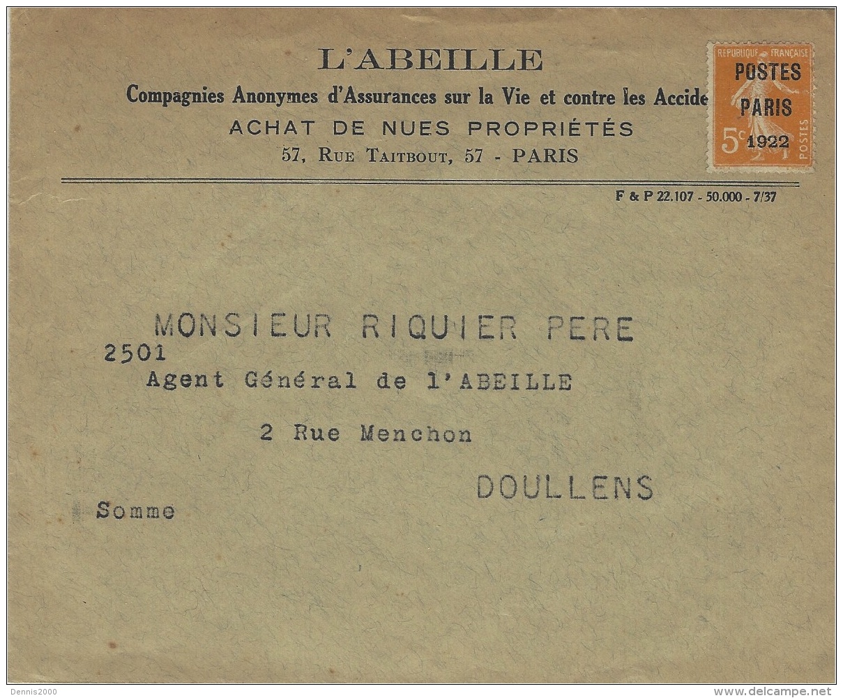 1922- Enveloppe Ouverte à En-tête L'ABEILLE  ( Cie D'assurances ) Affr. - 1921-1960: Période Moderne