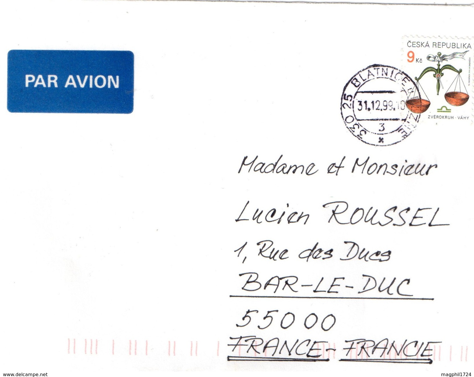 Lettre De Tchecoslovaquie Pour La France (pa.  En 1999 ) - Luchtpost