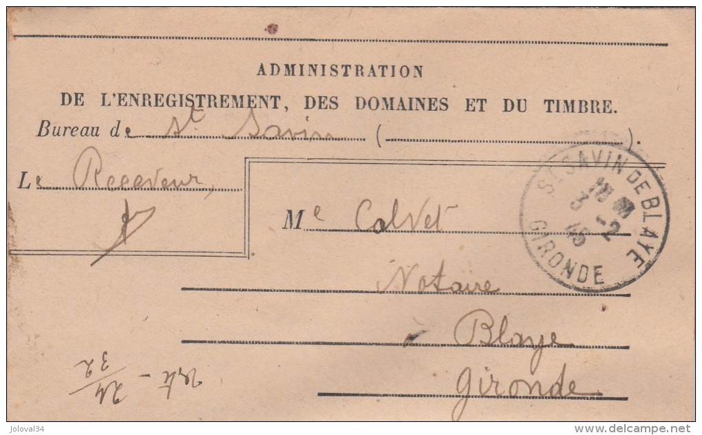 Lettre Franchise Cachet ST SAVIN De BLAYE Gironde 3/2/1945 - Frankobriefe