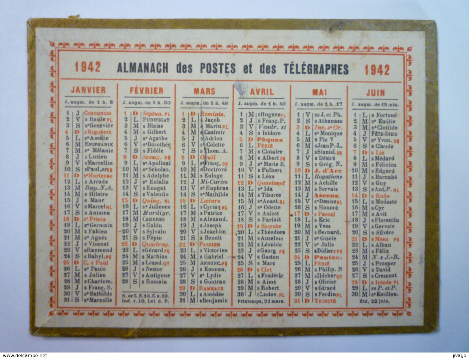 Petit  CALENDRIER  Des POSTES  1942  (Format 12,5 X 9,5cm) - Kleinformat : 1941-60