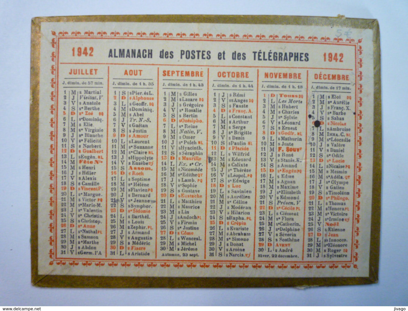 Petit  CALENDRIER  Des POSTES  1942  (Format 12,5 X 9,5cm) - Small : 1941-60