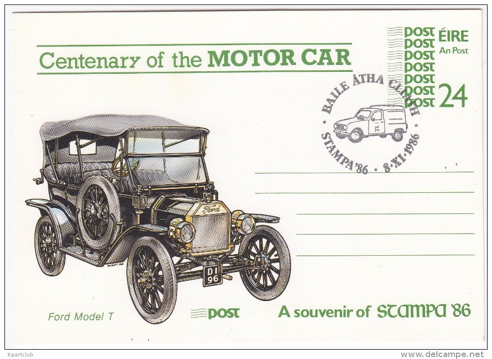 Ford Model T  - Centenary Of The MOTOR CAR - Eire / Ireland - Capex´87 - Postmark: RENAULT 4-COMBI - Stampa ´86 - Passenger Cars