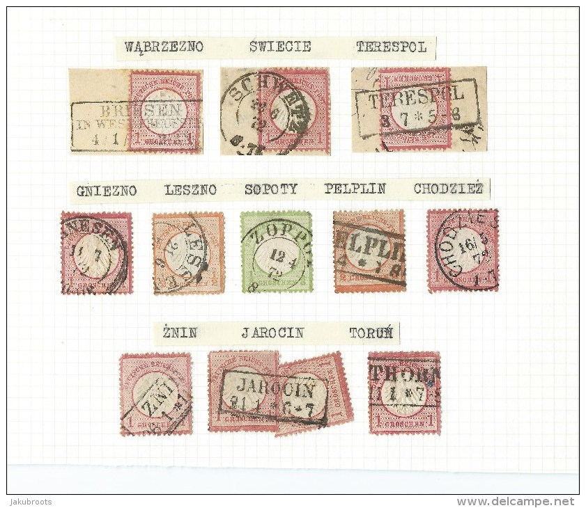 1872-74. GERMAN  OCCUPATION. POLISH TOWNS  CANCELLATIONS . ELEVEN  STAMPS. - ...-1860 Préphilatélie