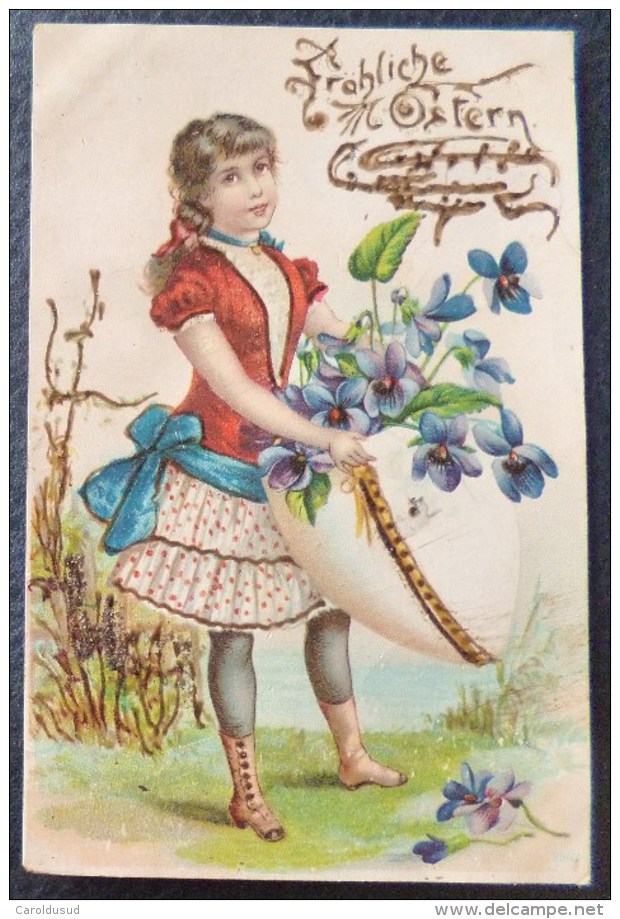 CPA LITHO Chromo Illustrateur Precurseur 1901 Fille Fillette Et Gros Oeuf   Fleur Violette  Paillettes - Pâques