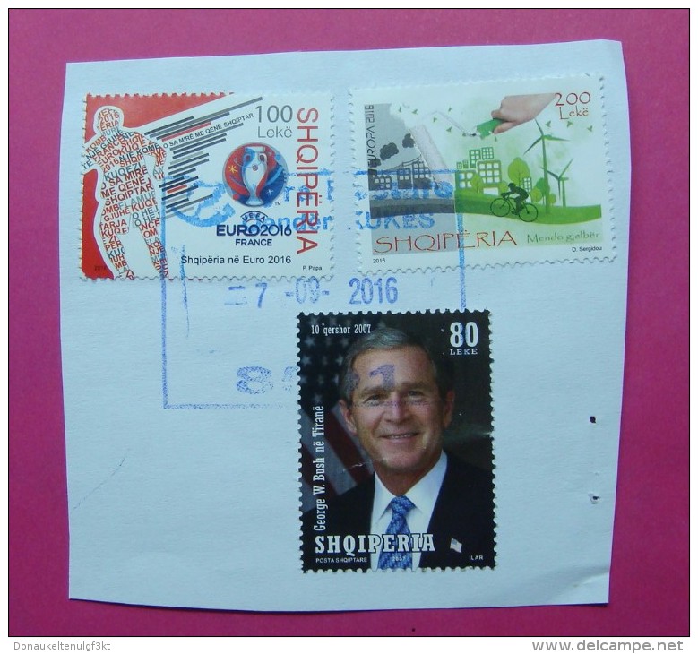 2016 ALBANIA STAMPS USED EURO FOOTBALL 2016 FRANCE, EUROPA THINK GREEN, GEORGE BUSH, POSTMARK KUKES. - Albania