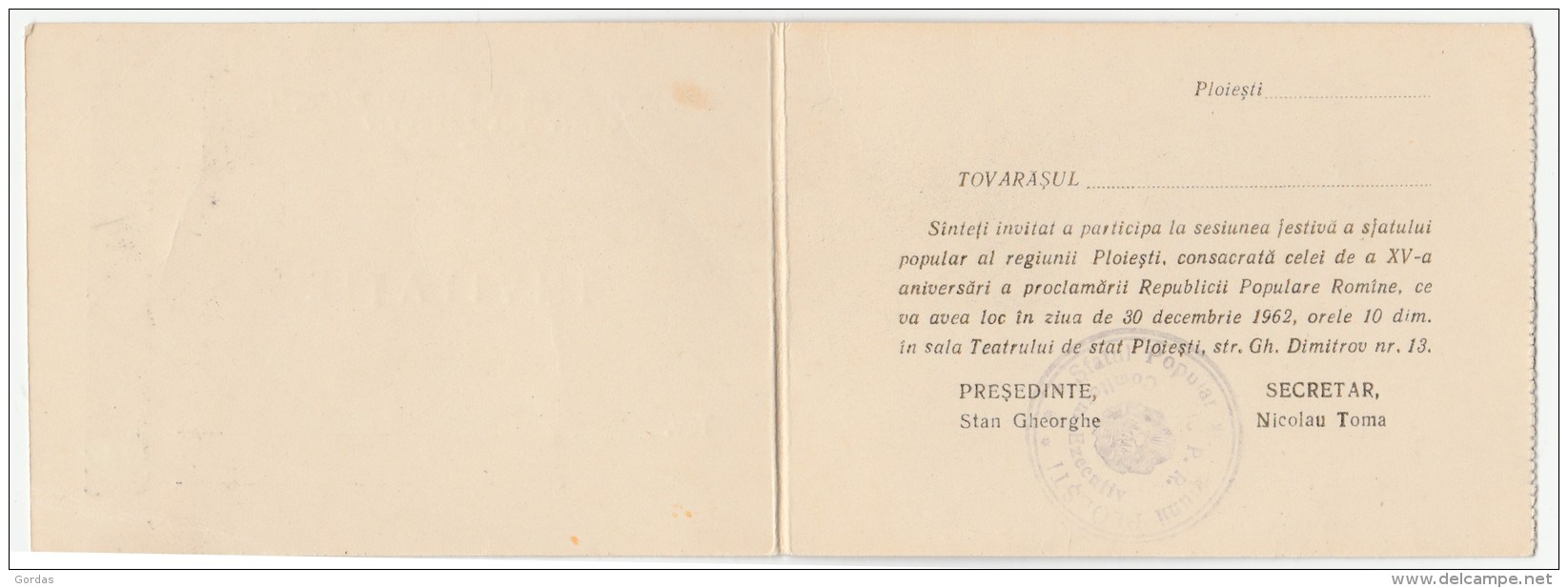 Romania - Ploiesti - Sfatul Popular - Invitatie - Propaganda Comunista - 1962 - Other & Unclassified