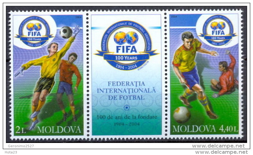 MOLDOVA SOOER , FUTBOL 2004 EVENTS 100 Years Of FIFA - Fine Pair + Label MNH - Unused Stamps