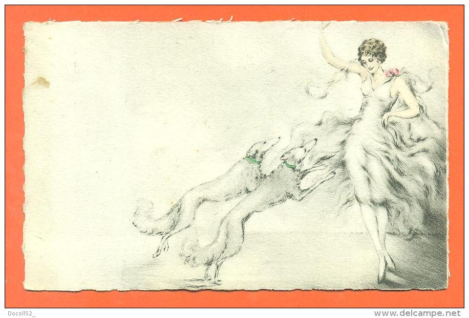 CPA Illustrateur Art Nouveau  "  Femme Et Chiens Levriers " Format  9x14 - 1900-1949