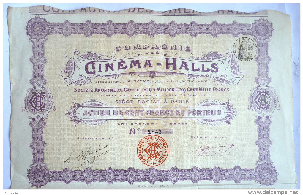 ACTION COMPAGNIE DES CINEMA HALLS  -  1907 TITRE 5842 - Cine & Teatro