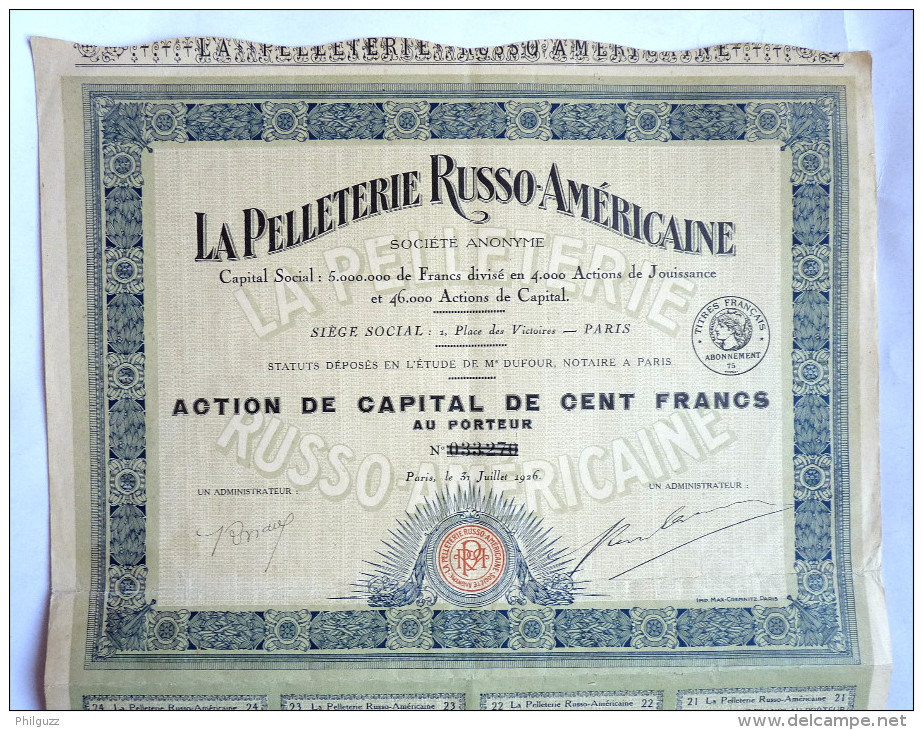 ACTION LA PELLETERIE RUSSO AMERICAINE  -  1926 TITRE 033270 - Textiel