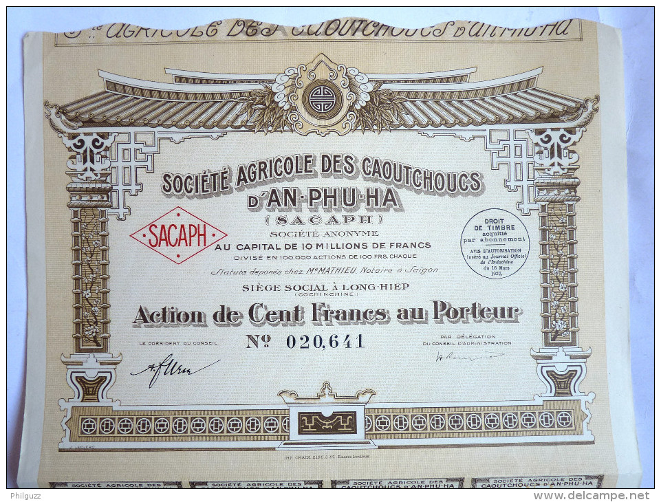 ACTION SOCIETE AGRICOLE DES CAOUTCHOUCS D'AN PHU HA  -  1927 TITRE 020641 Pneus Roues - Automobile