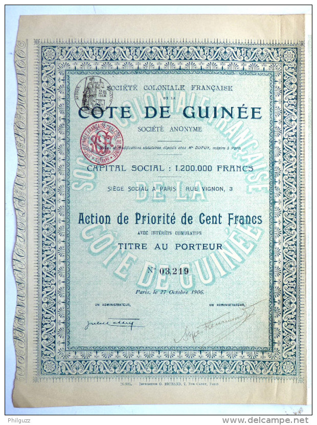 ACTION SOCIETE COLONIALE FRANCAISE DE LA COTE DE GUINEE  -  1906 TITRE 03219 - Afrique