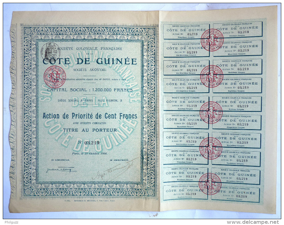 ACTION SOCIETE COLONIALE FRANCAISE DE LA COTE DE GUINEE  -  1906 TITRE 03219 - Afrika