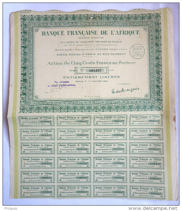 ACTION BANQUE FRANCAISE DE L'AFRIQUE  -  1928 TITRE 098627 - Afrique