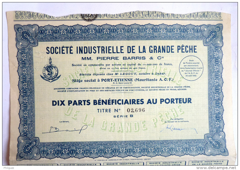 ACTION SOCIETE INDUSTRIELLE DE LA GRANDE PECHE MAURITANIE  -  1942 TITRE 02696 - Afrique