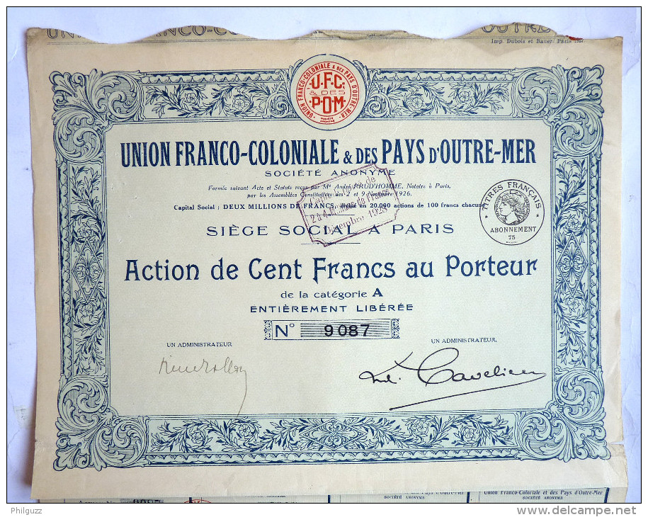 ACTION UNION FRANCO COLONIALE ET DES PAYS D'OUTREMER  -  1926 TITRE 9087 - Africa