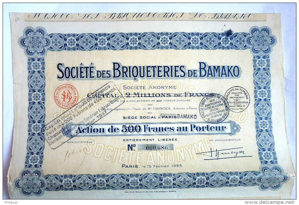 ACTION SOCIETE DES BRIQUETERIES DE BAMAKO Mali -  1925 TITRE 000686 - Afrique