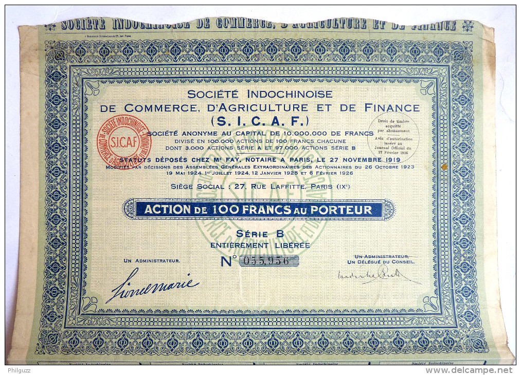 ACTION SOCIETE INDOCHINOISE DE COMMERCE D'AGRICULTURE ET DE FINANCE - 1923 TITRE 055956 - Asia