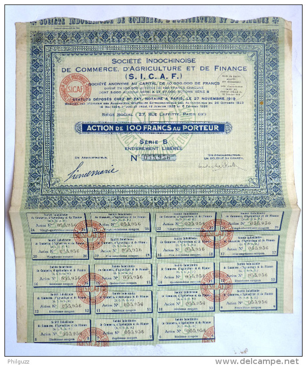 ACTION SOCIETE INDOCHINOISE DE COMMERCE D'AGRICULTURE ET DE FINANCE - 1923 TITRE 055956 - Asia