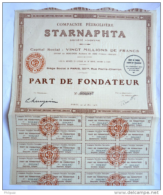 ACTION COMPAGNIE PETROLIFERE STARNAPHTA  - 1926 TITRE 00887 - Oil