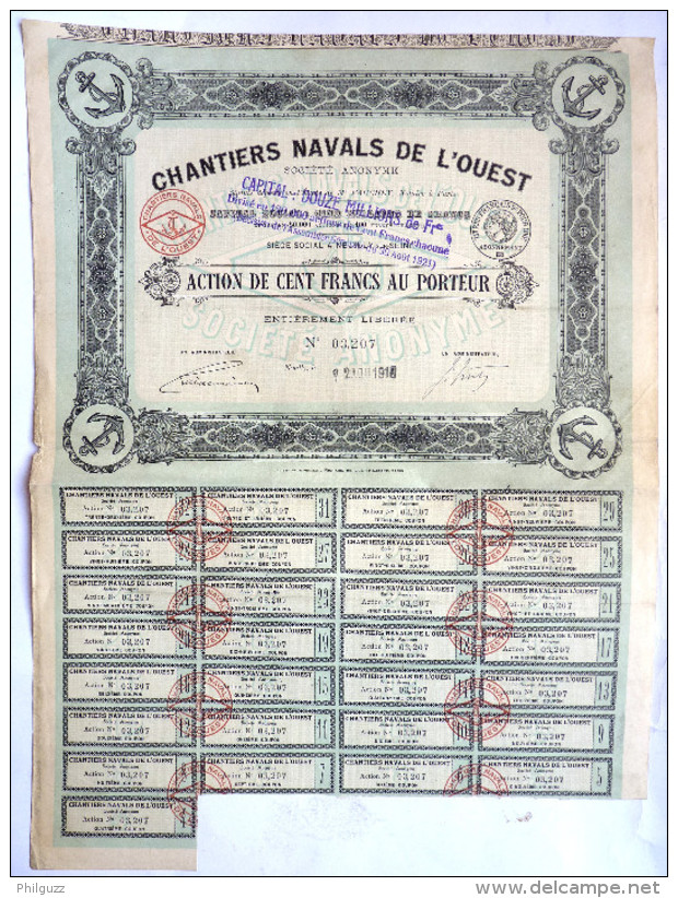ACTION CHANTIERS NAVALS DE L'OUEST  - 1918 TITRE 03207 - Transport