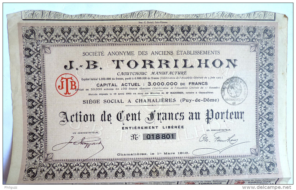 ACTION SOCIETE ANONYME DES ANCIENS ETABLISSEMENTS J.B. TORRILHON Pneus Roues  - 1916 TITRE 018801 - Automobile