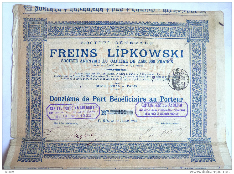 ACTION SOCIETE GENERALE FREINS LIPKOWSKI   - 1913 TITRE 1309 - Auto's