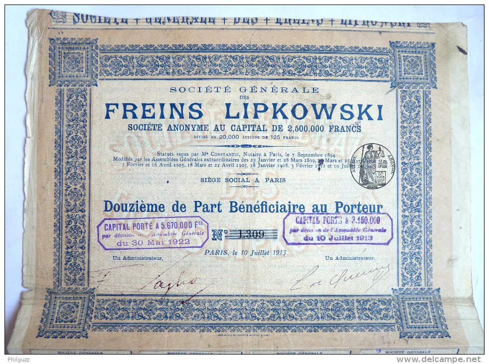 ACTION SOCIETE GENERALE FREINS LIPKOWSKI   - 1913 TITRE 1309 - Automobil