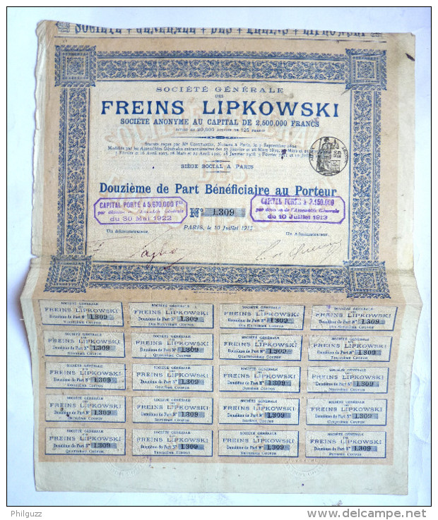 ACTION SOCIETE GENERALE FREINS LIPKOWSKI   - 1913 TITRE 1309 - Auto's
