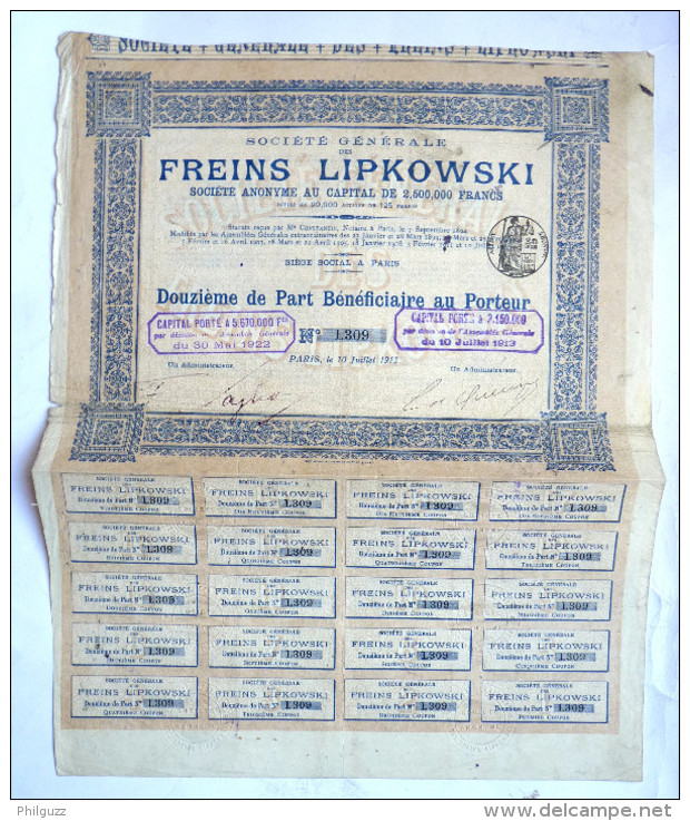 ACTION SOCIETE GENERALE FREINS LIPKOWSKI   - 1913 TITRE 1309 - Automobile