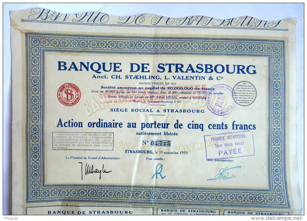 ACTION BANQUE DE STRASBOURG   - 1933 TITRE 04715 - Banque & Assurance