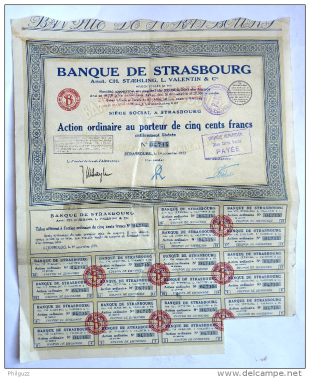 ACTION BANQUE DE STRASBOURG   - 1933 TITRE 04715 - Banque & Assurance