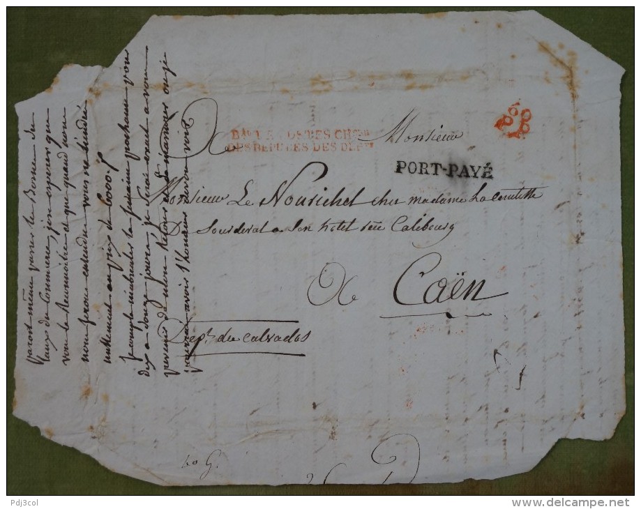 Lettre Avec Cachet Rouge Bureau De Postes Chambre Des Députés Des Départements, 60 Port Payé Pour Caen. - 1801-1848: Précurseurs XIX