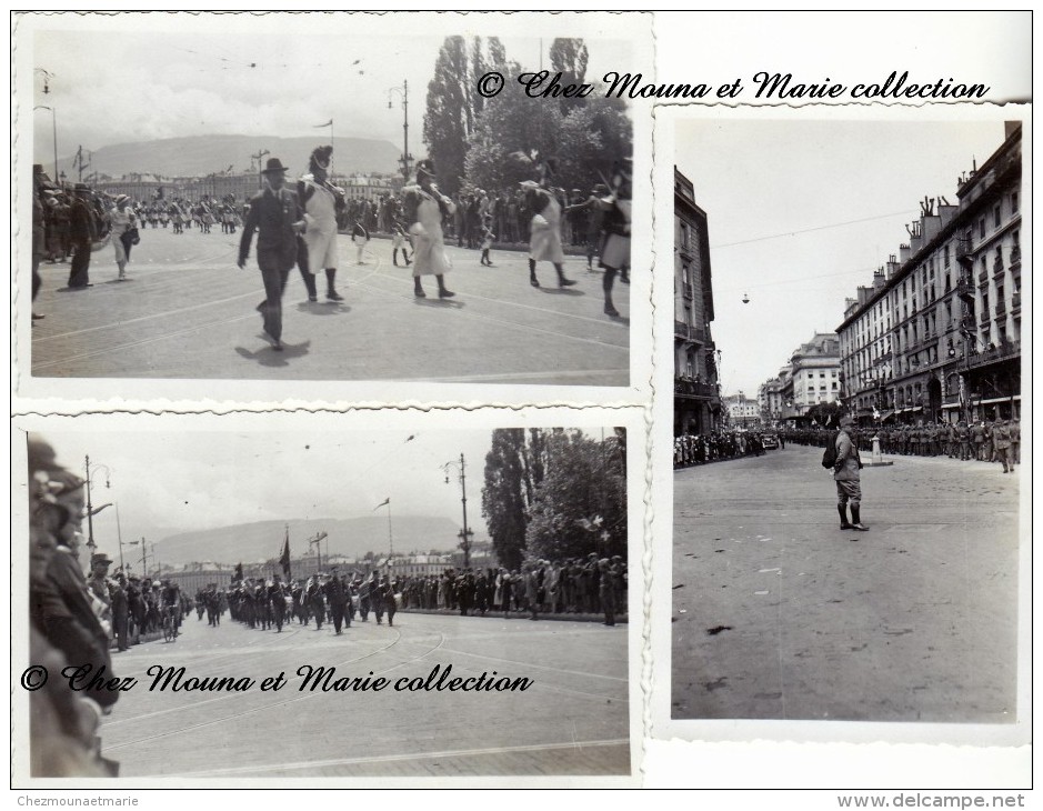 SUISSE - GENEVE JUILLET 1933 - DEFILE MILITAIRE - LOT DE 3 PHOTOS 11 X 7 CM - Guerre, Militaire