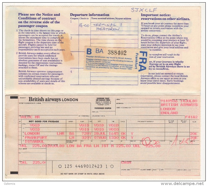 BRITISH AIRWAYS TICKET AND COVER 1980 - Europe