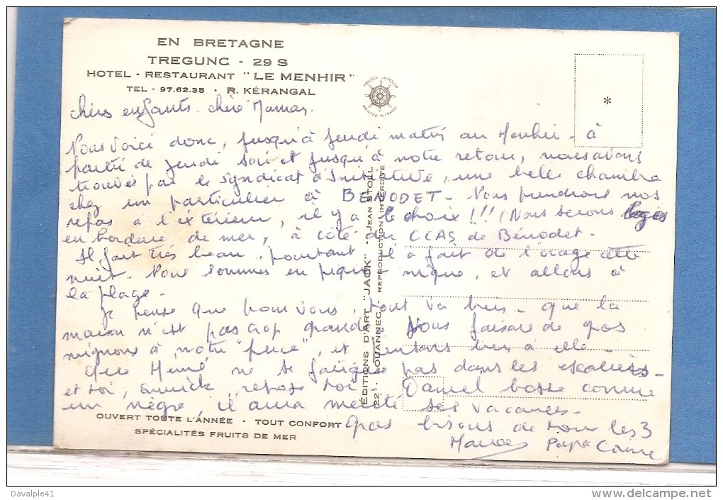 29  TREGUNC  HOTEL RESTAURANT LE MENHIR     VOITURES    ECRITE        2 SCANS - Trégunc